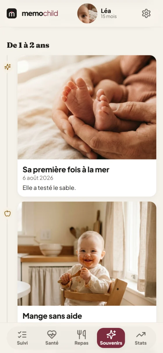 La frise des souvenirs dans Memochild : chaque première fois datée, avec sa photo