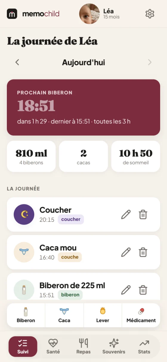 L'écran d'accueil de Memochild : l'heure du prochain biberon, le total de la journée et les entrées déjà notées