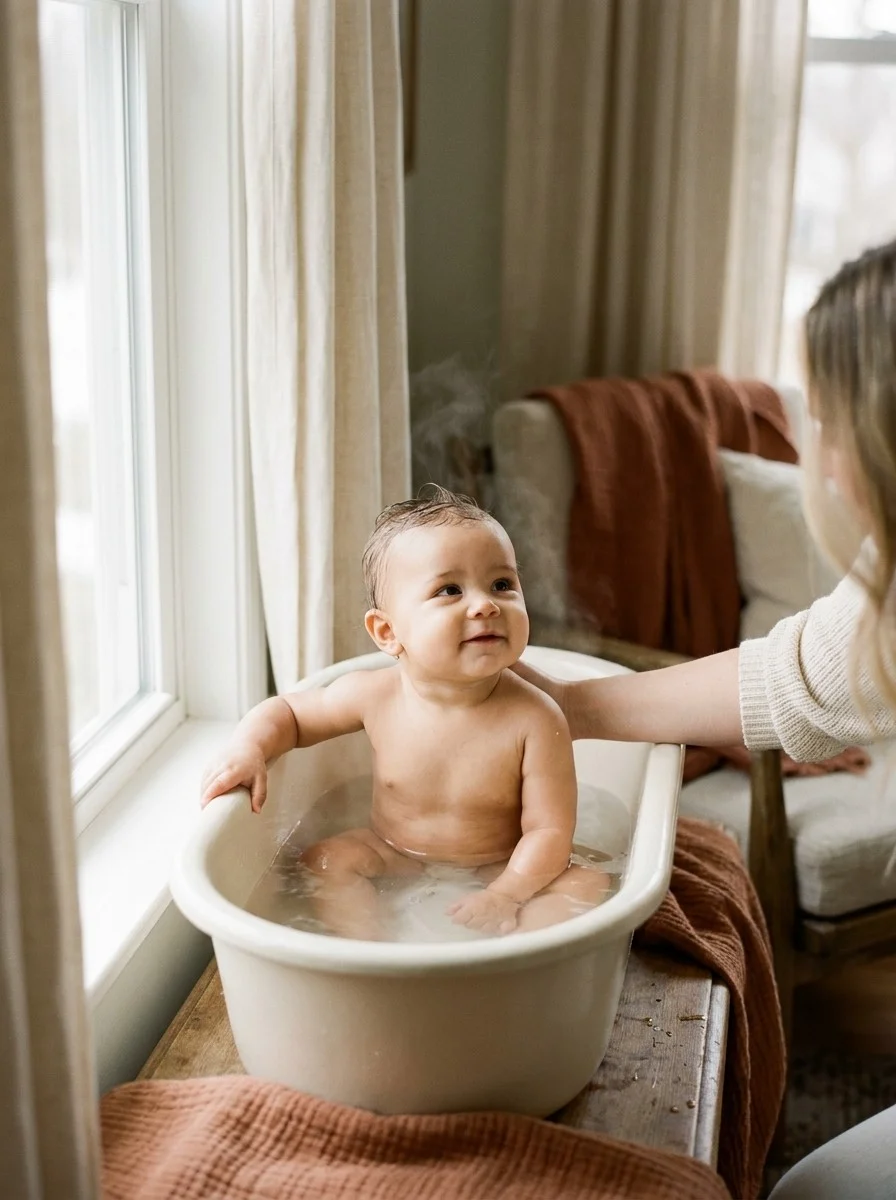 Un bébé joue dans son bain, les mains dans l’eau