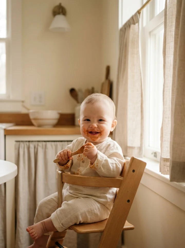 Un bébé assis dans sa chaise haute porte une cuillère à sa bouche pendant un repas