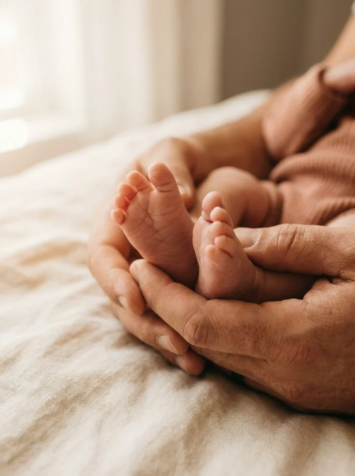 Les pieds nus d’un nouveau-né dans les mains de son parent