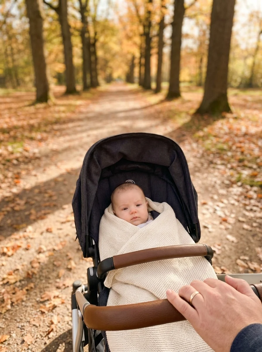 Un parent pousse un landau sur un chemin, en extérieur, par temps clair