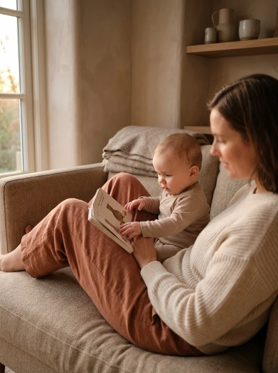 Une mère lit un livre avec son bébé installé contre elle, sur le canapé
