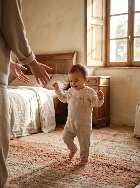 Un bébé fait ses premiers pas vers les mains de son parent