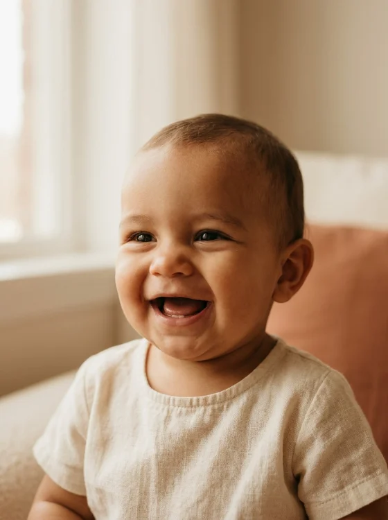 Un bébé de quelques mois, allongé, qui regarde l'objectif